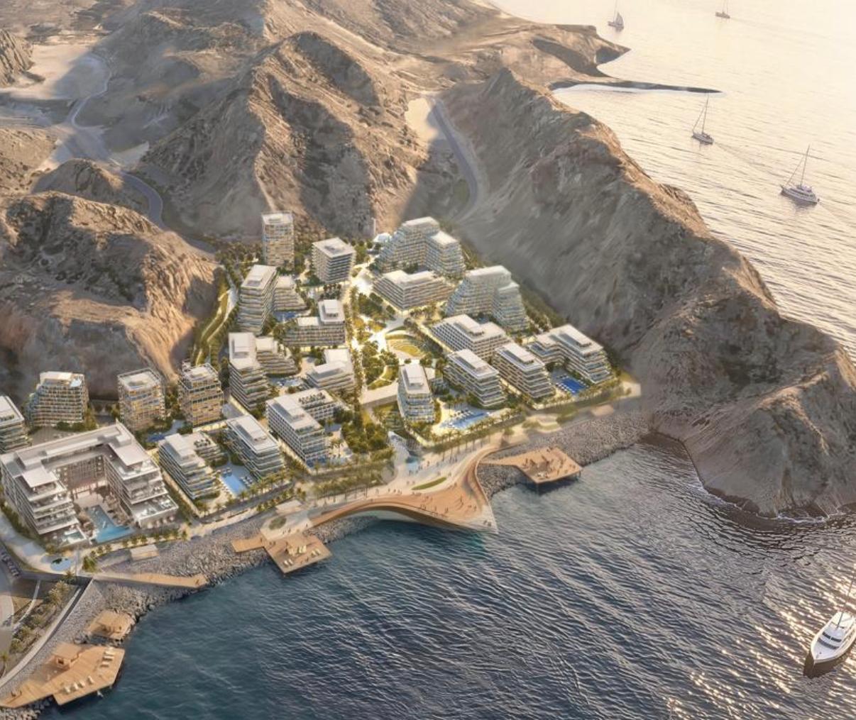 Al Yazan coastal development in Muttrah — project aerial architectural illustration